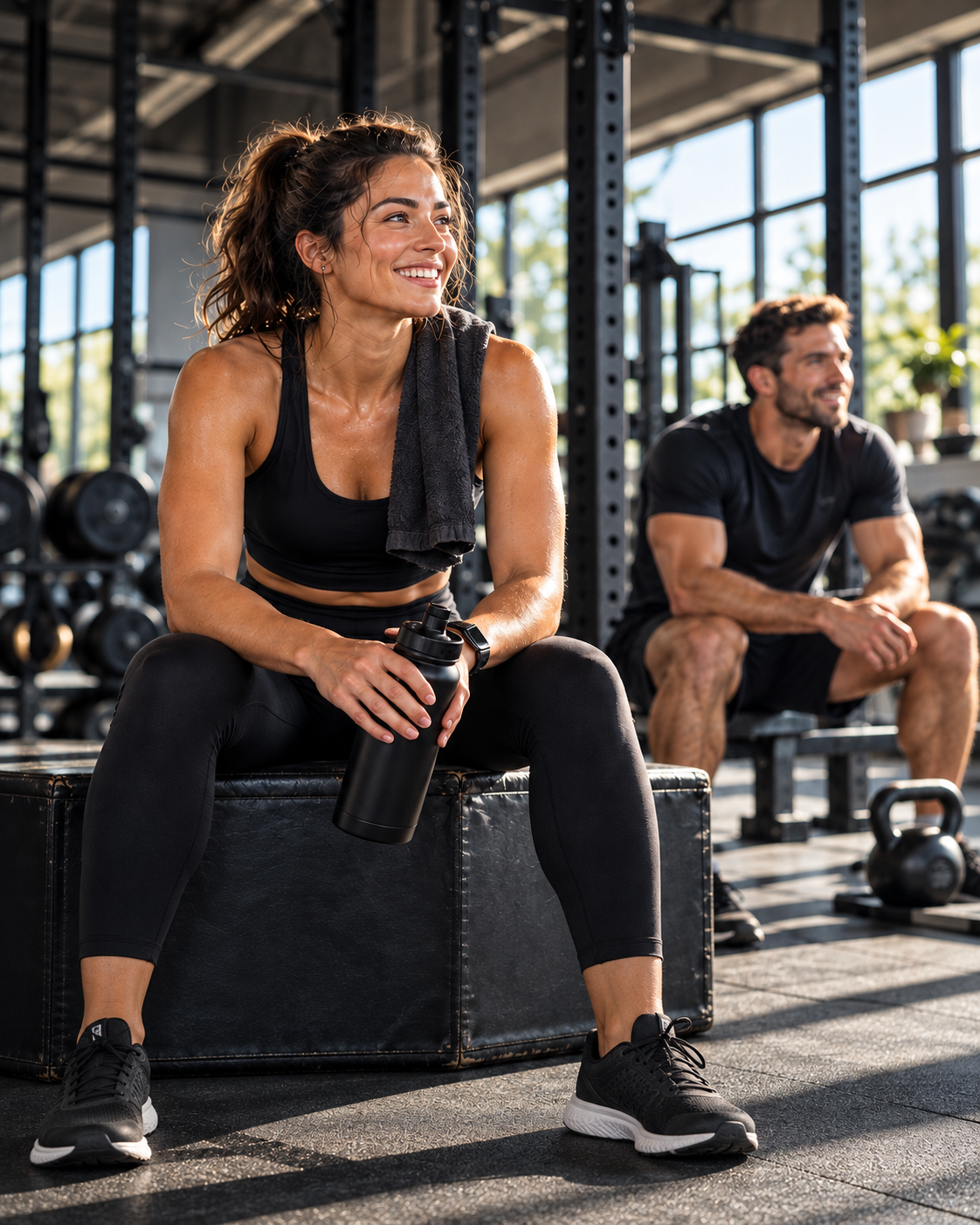 A smiling woman resting on a plyo box with her training partner in a sunlit gym